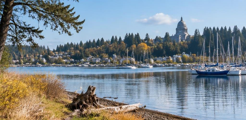 Illustrative Pacific Northwest lifestyle scene accompanying West Virginia vs. Washington State: Living in Olympia Compared