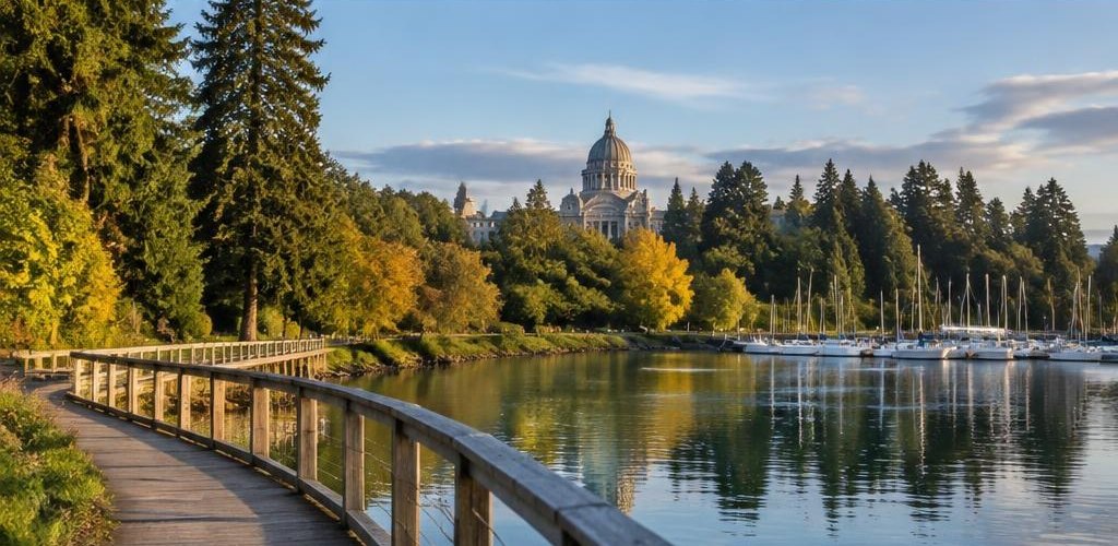 Illustrative Pacific Northwest lifestyle scene accompanying Moving from Missouri to Olympia, WA: A Relocation Guide