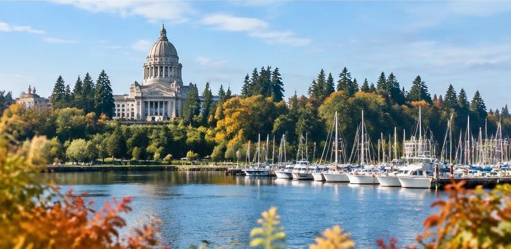 Illustrative Pacific Northwest lifestyle scene accompanying Indiana vs. Washington State: Relocating to Olympia Guide