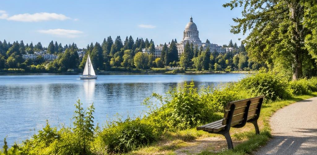 Illustrative Pacific Northwest lifestyle scene accompanying South Dakota vs. Washington State: Relocation Guide to Olympia