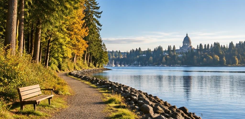 Illustrative Pacific Northwest lifestyle scene accompanying Wisconsin vs. Washington State: Moving to Olympia Guide