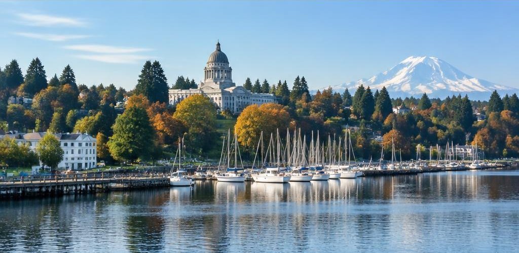 Illustrative Pacific Northwest lifestyle scene accompanying Moving from Massachusetts to Olympia, WA: A Relocation Guide