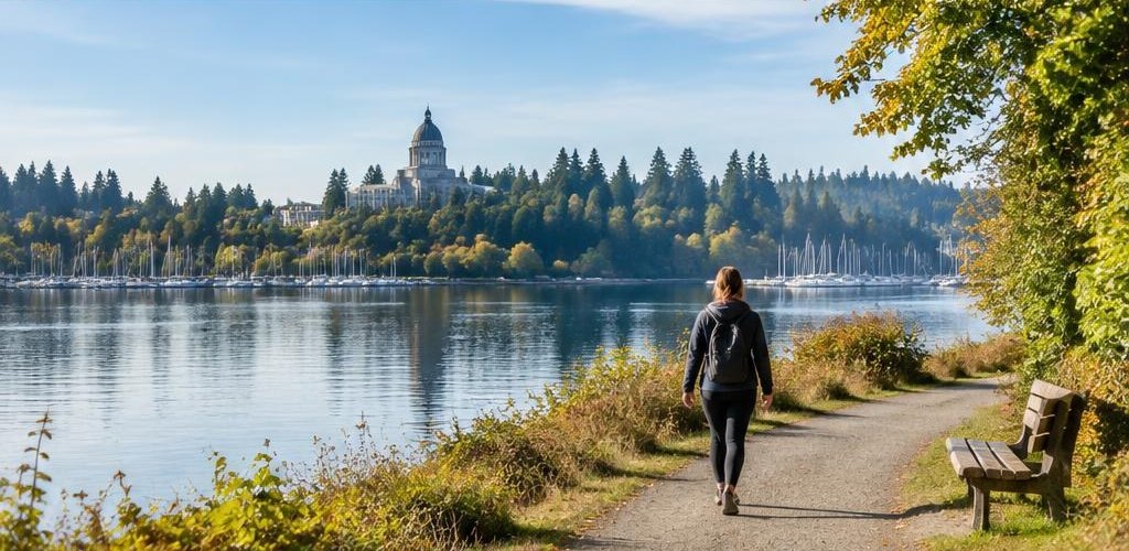 Illustrative Pacific Northwest lifestyle scene accompanying Moving from South Carolina to Olympia, WA: A Relocation Guide