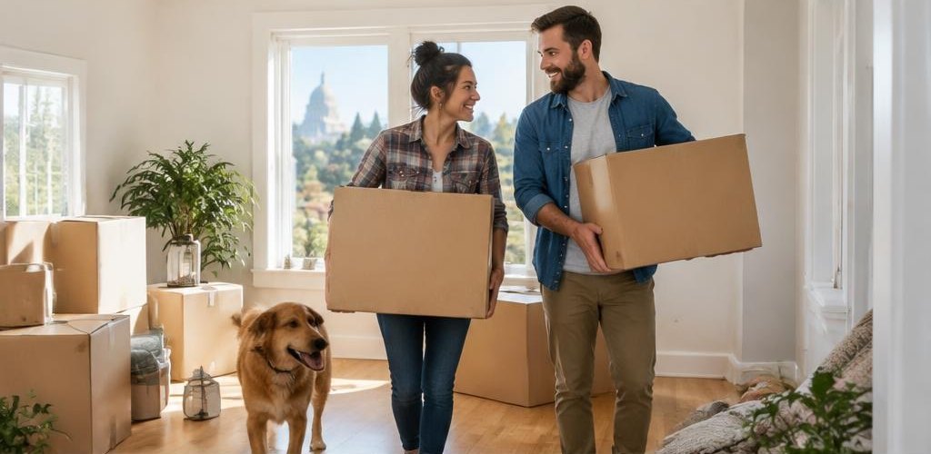 Illustrative homeownership scene accompanying West Virginia vs. Washington State: Living in Olympia Compared