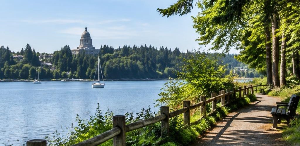 Illustrative Pacific Northwest lifestyle scene accompanying Moving from Kentucky to Olympia, WA: A Relocation Guide