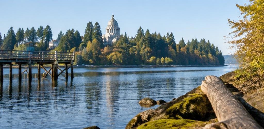 Illustrative Pacific Northwest lifestyle scene accompanying Texas vs. Washington State: A Guide for Moving to Olympia, WA