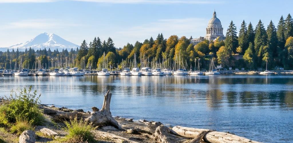 Illustrative Pacific Northwest lifestyle scene accompanying Pennsylvania vs. Washington State: Relocating to Olympia, WA