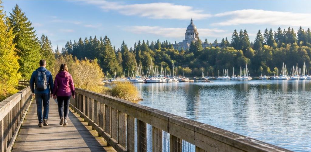 Illustrative Pacific Northwest lifestyle scene accompanying Moving from Nevada to Olympia, WA: A Relocation Guide