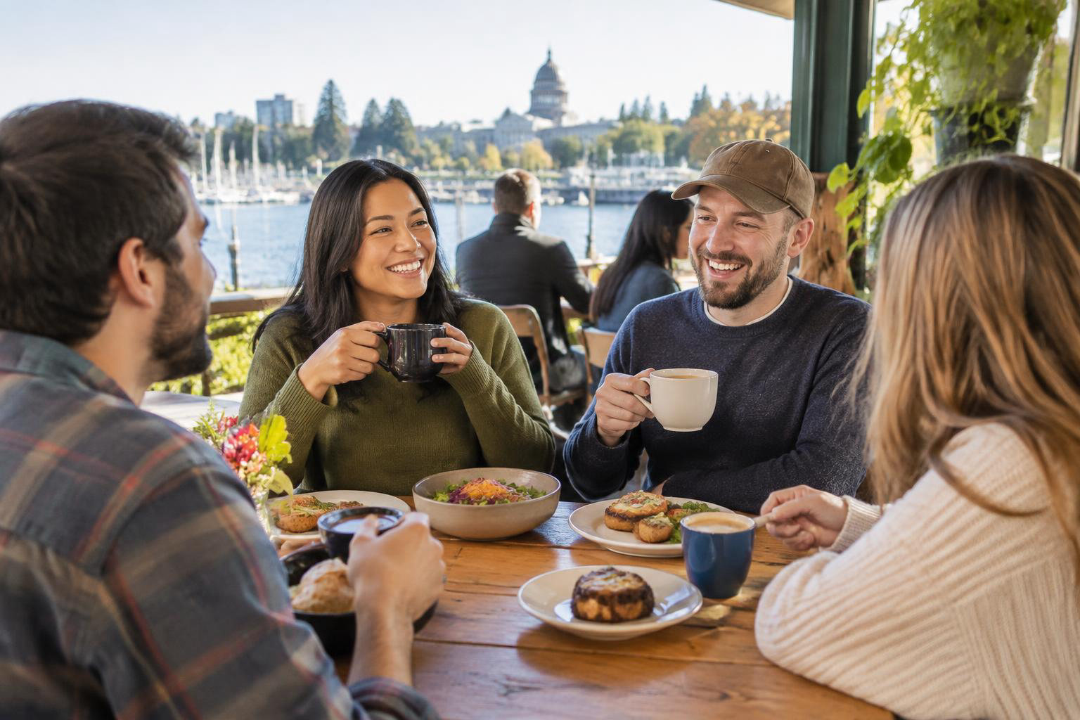 Illustrative people naturally engaged in the article's homeownership or relocation topic accompanying A Taste of Olympia: Finding Your Everyday Restaurants, Coffee Stops and Local Food