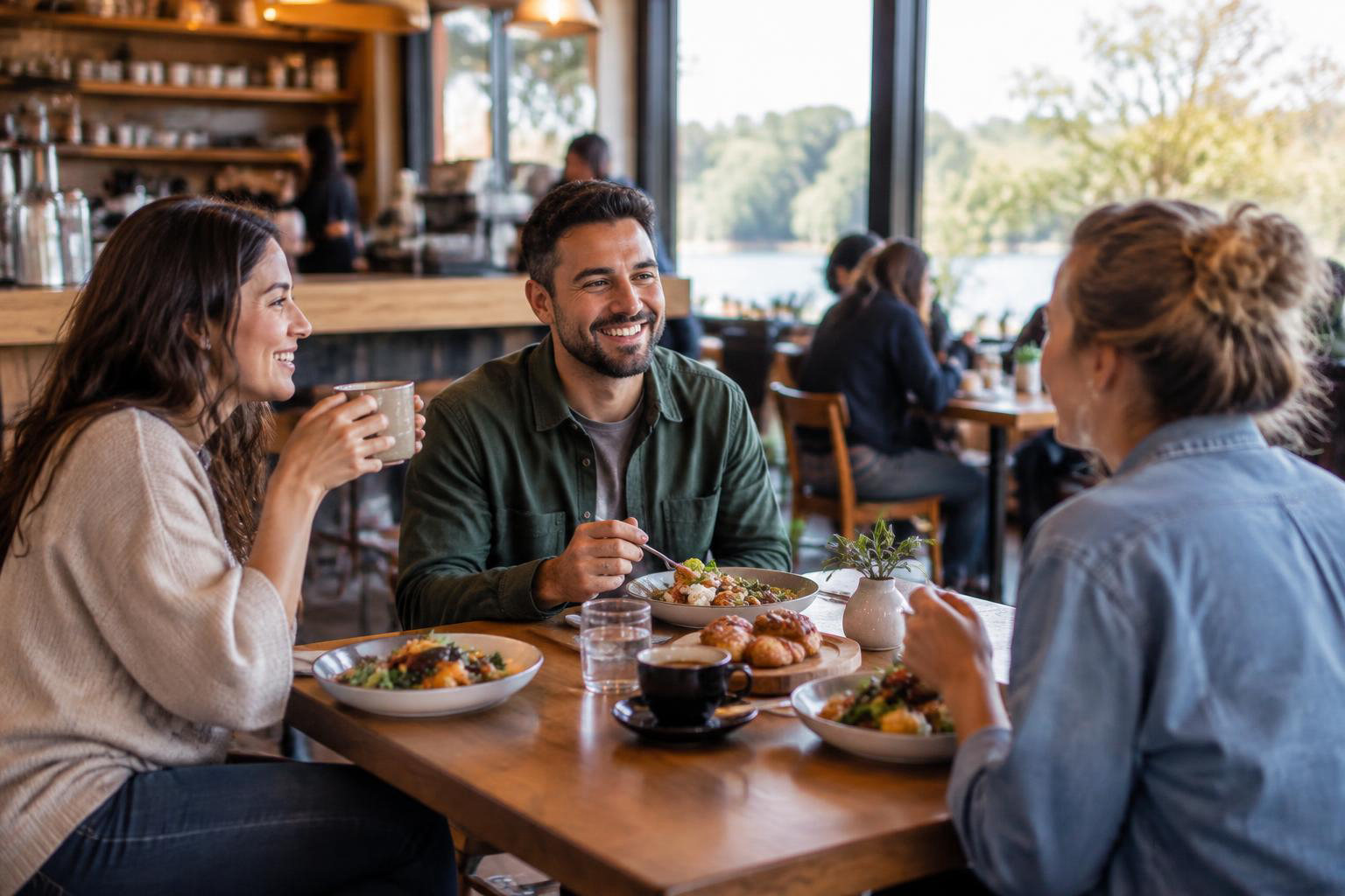 Illustrative people naturally engaged in the article's homeownership or relocation topic accompanying A Taste of Tumwater: Restaurants, Coffee and Everyday Food Routines