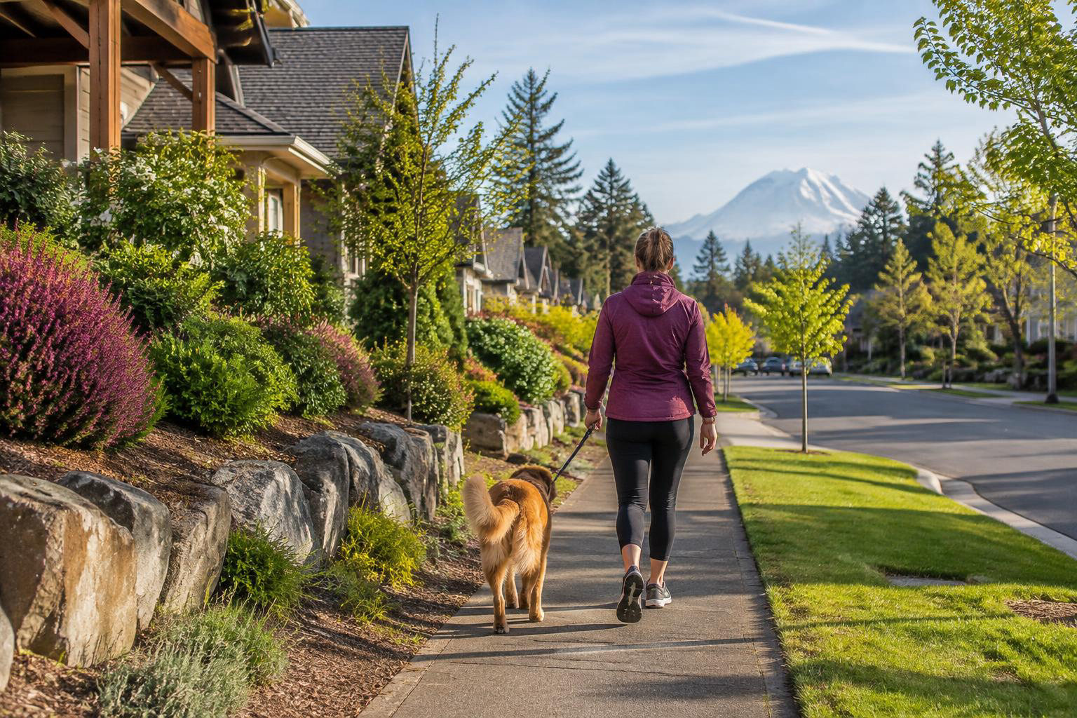 Illustrative a residential exterior or neighborhood streetscape accompanying Find Your Everyday Outside: A Local Guide to Lacey Parks and Trails
