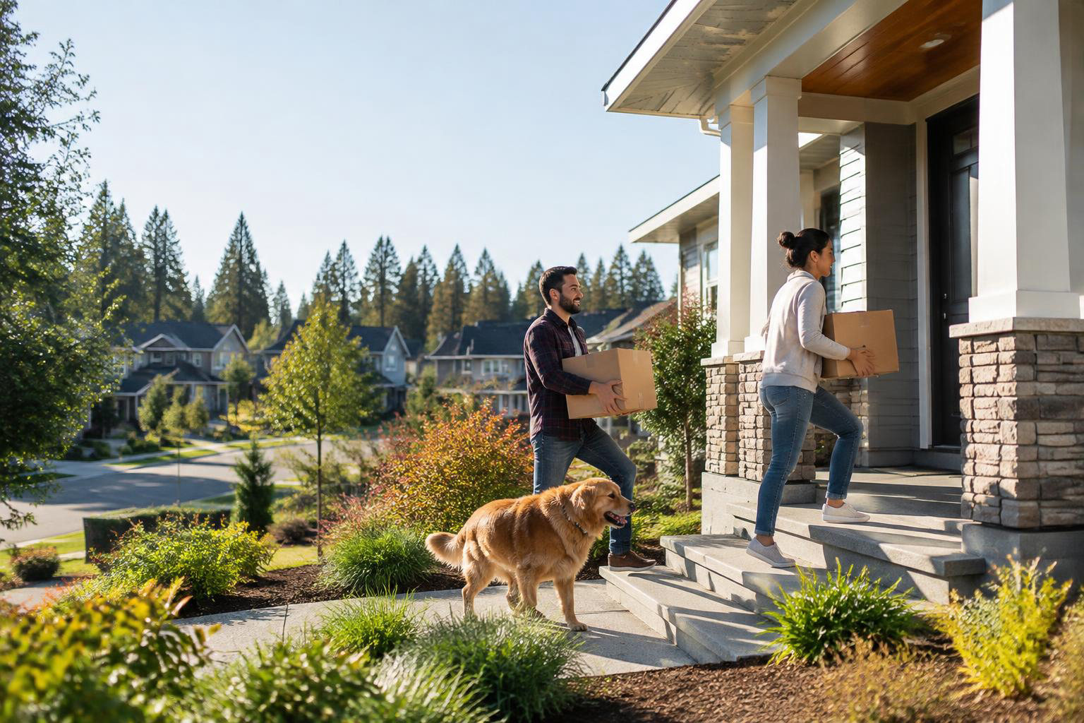 Illustrative a residential exterior or neighborhood streetscape accompanying From Seattle or California to Lacey: Build a Move Around Your Real Life