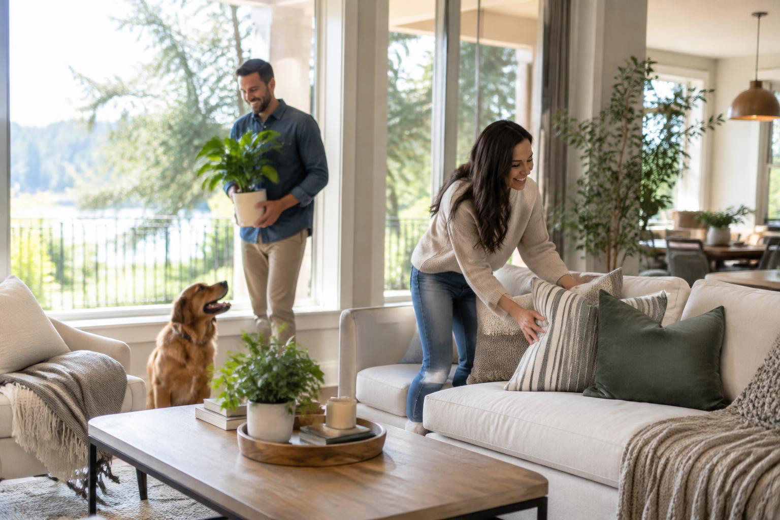 Illustrative people naturally engaged in the article's homeownership or relocation topic accompanying Make Your Lacey Home Shine: Staging for Light, Comfort and Everyday Living