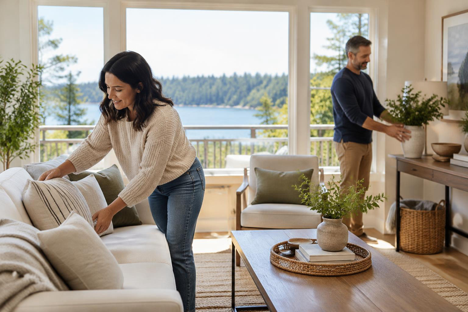 Illustrative people naturally engaged in the article's homeownership or relocation topic accompanying Make Your Olympia Home Show Its Best: A Room-by-Room Staging and Prep Plan