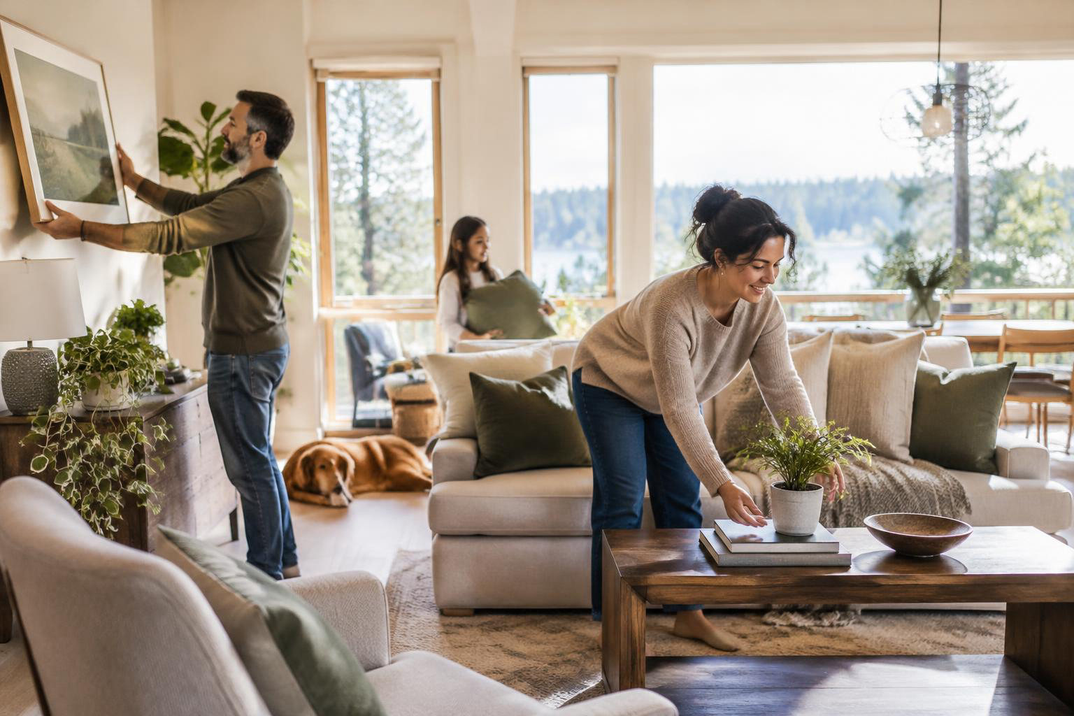 Illustrative people naturally engaged in the article's homeownership or relocation topic accompanying Make Your Tumwater Home Shine: Staging and Prep That Put Everyday Living First