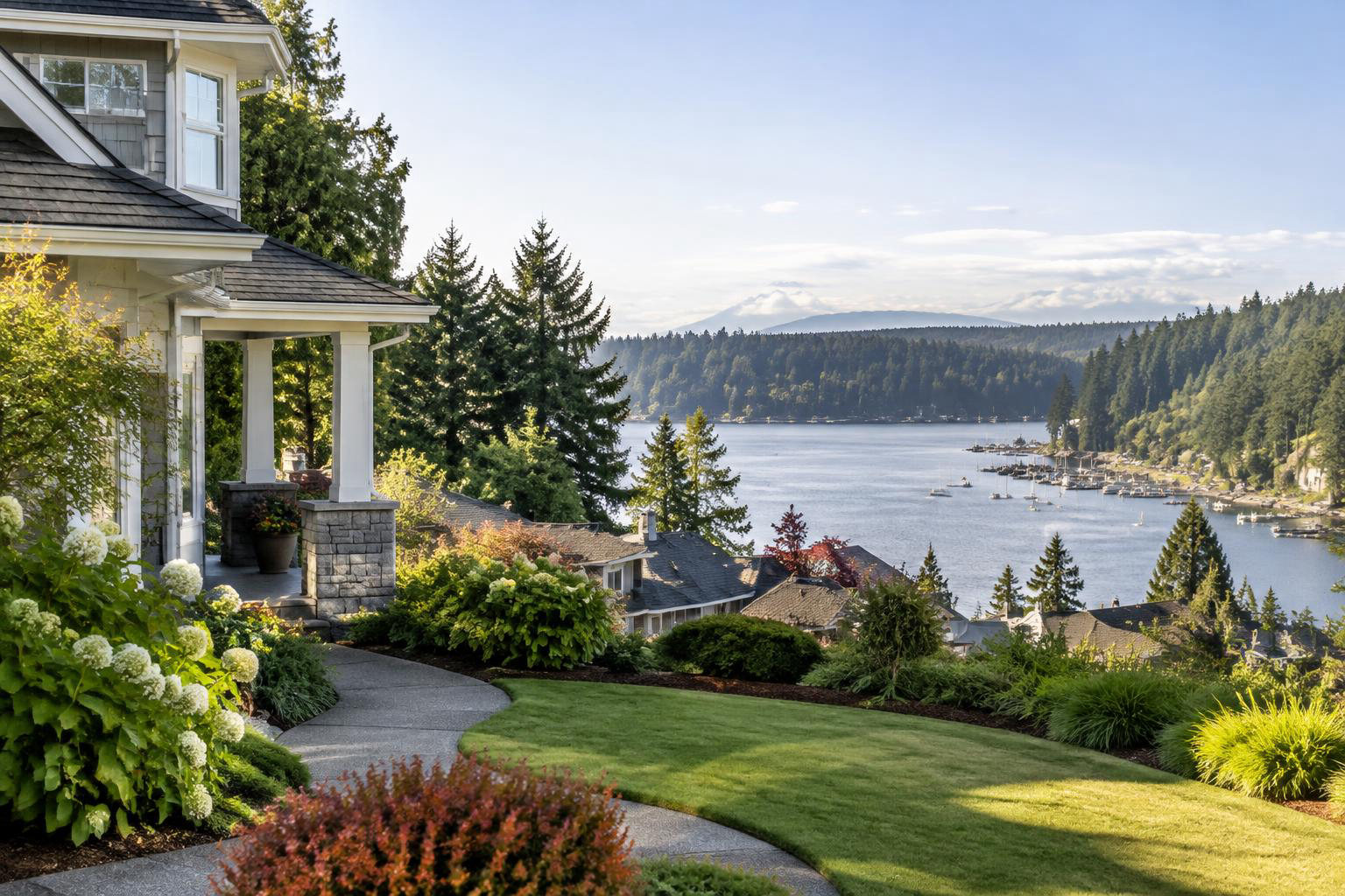 Illustrative a residential exterior or neighborhood streetscape accompanying Moving to Gig Harbor from Seattle or California: A Guide to Finding Your Fit