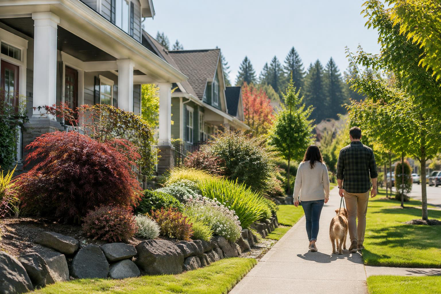 Illustrative a residential exterior or neighborhood streetscape accompanying Moving to Olympia from Seattle or California: A Guide to Settling In