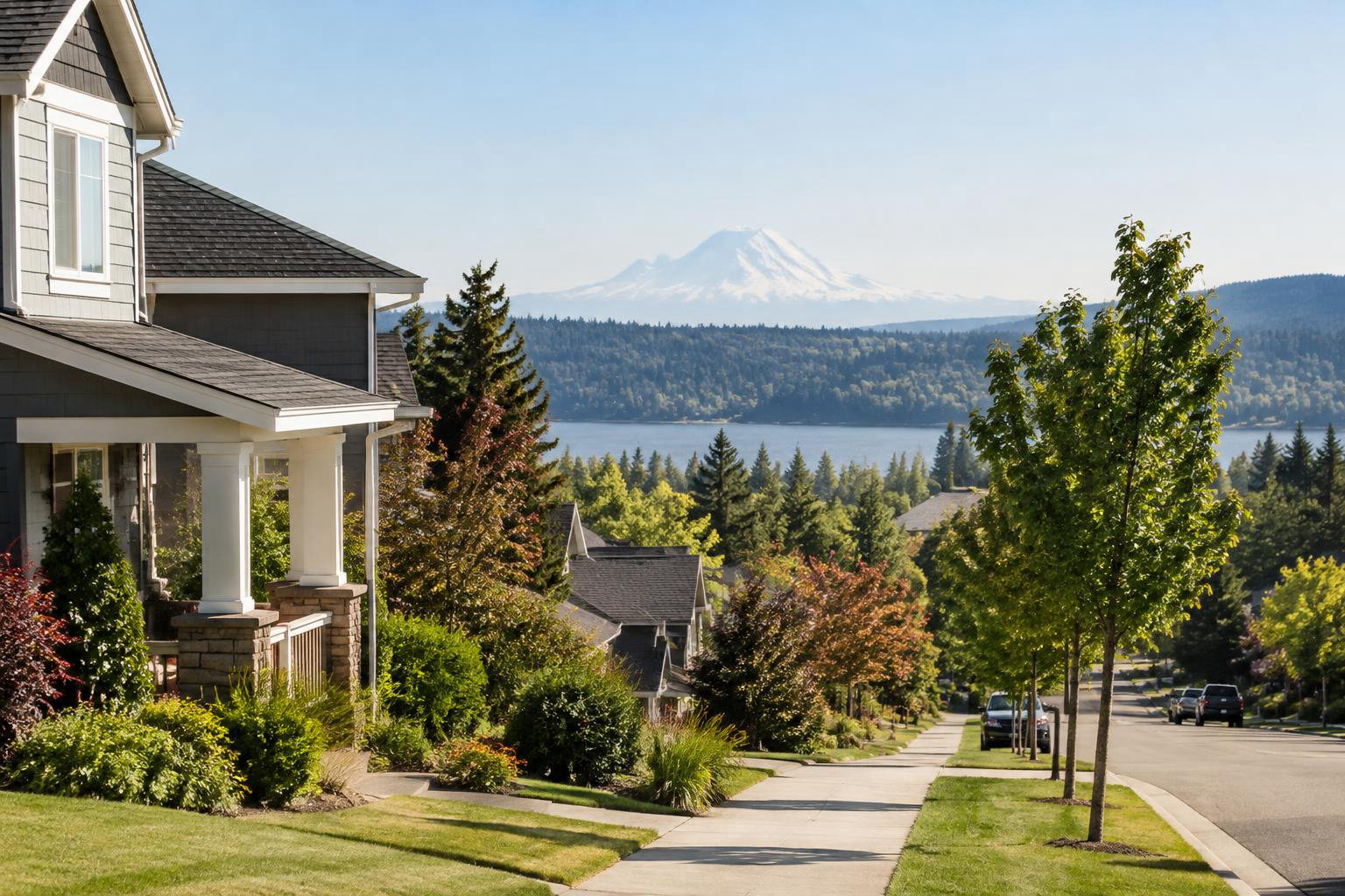 Illustrative a residential exterior or neighborhood streetscape accompanying Moving to Tumwater from Seattle or California: A Guide to Settling In