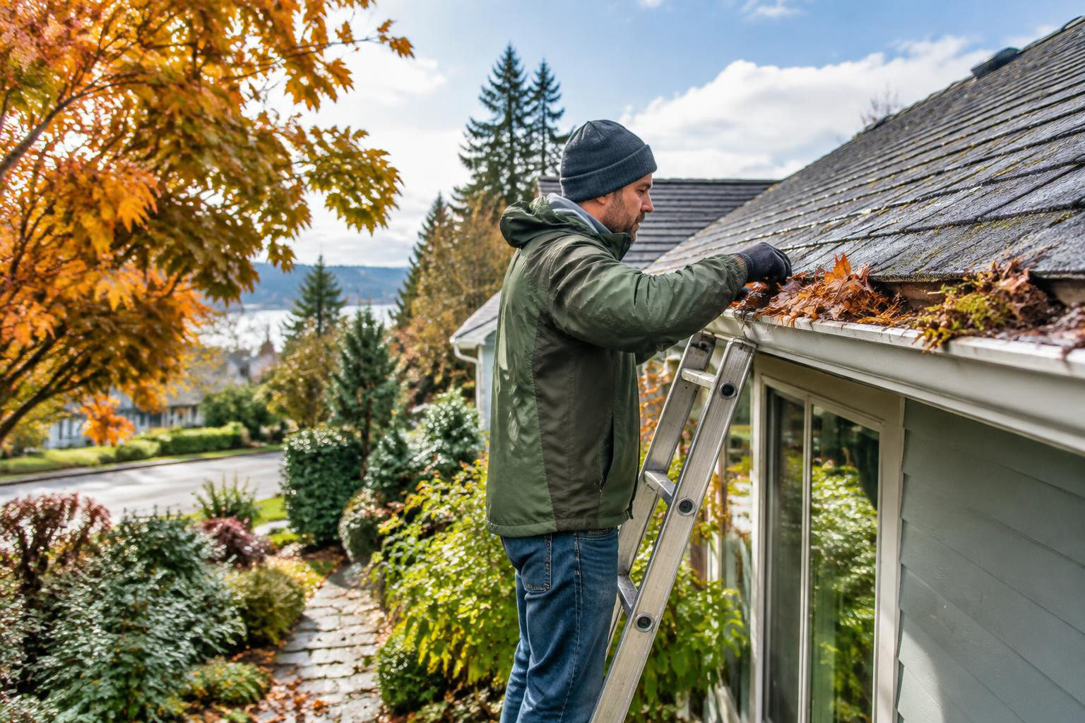 Illustrative a residential exterior or neighborhood streetscape accompanying Rain-Ready in Olympia: A Practical Seasonal Home Maintenance Guide