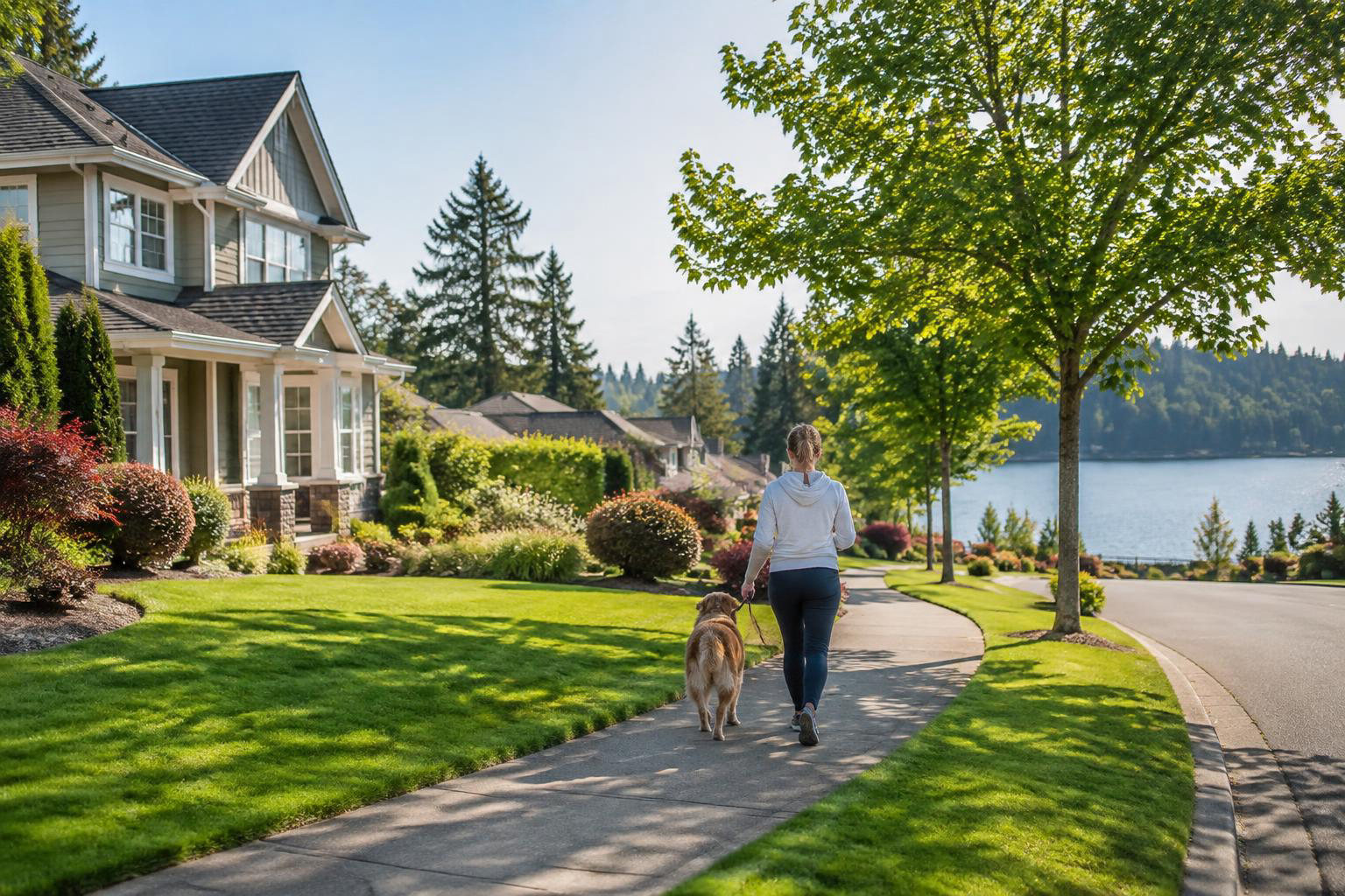 Illustrative a residential exterior or neighborhood streetscape accompanying Weekends in Lacey: Parks, Trails and Easygoing Local Adventures