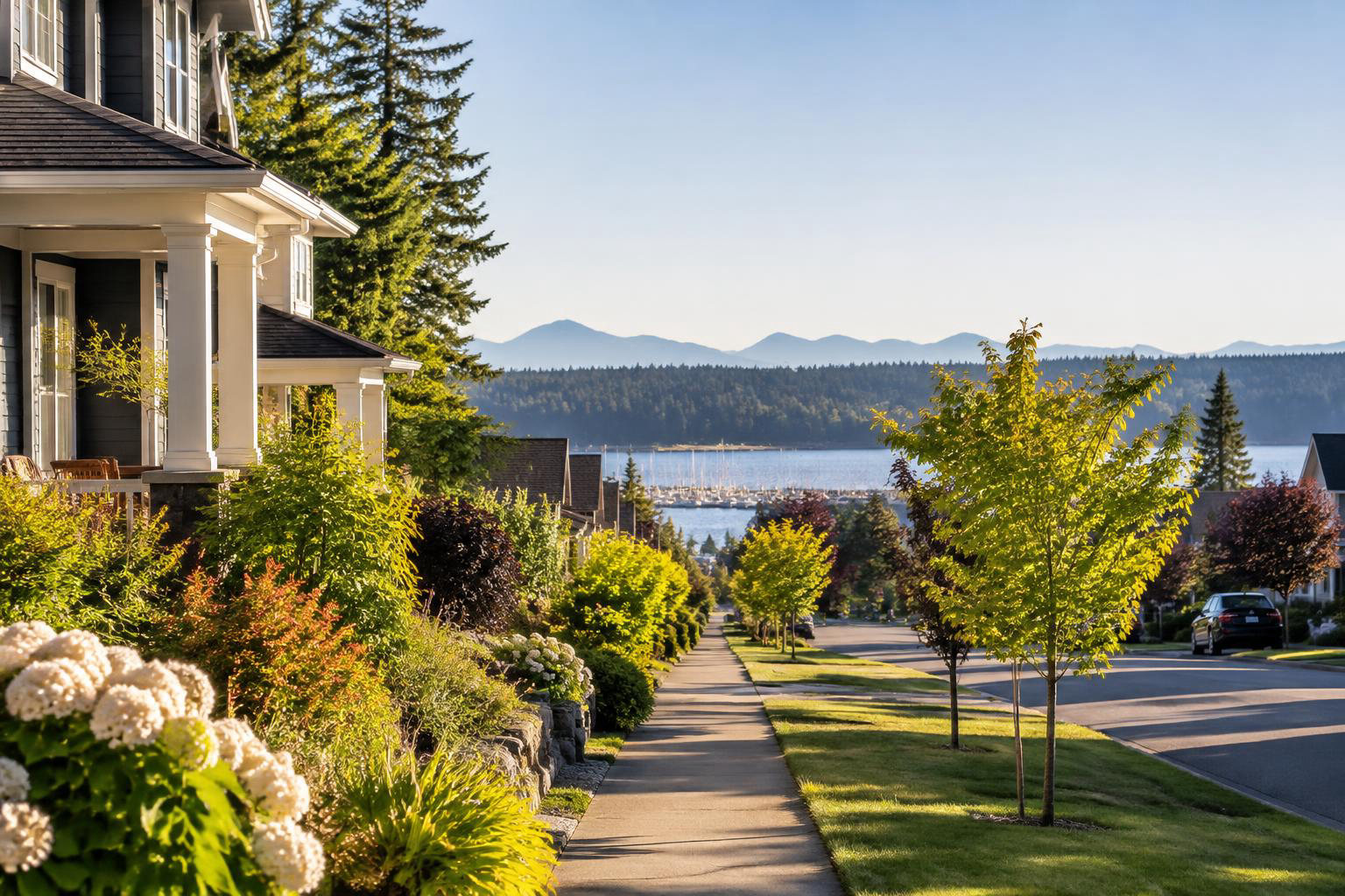 Illustrative a residential exterior or neighborhood streetscape accompanying Weekends in Olympia: A Local Guide to Waterfront Walks, Wooded Trails and Easy Outings