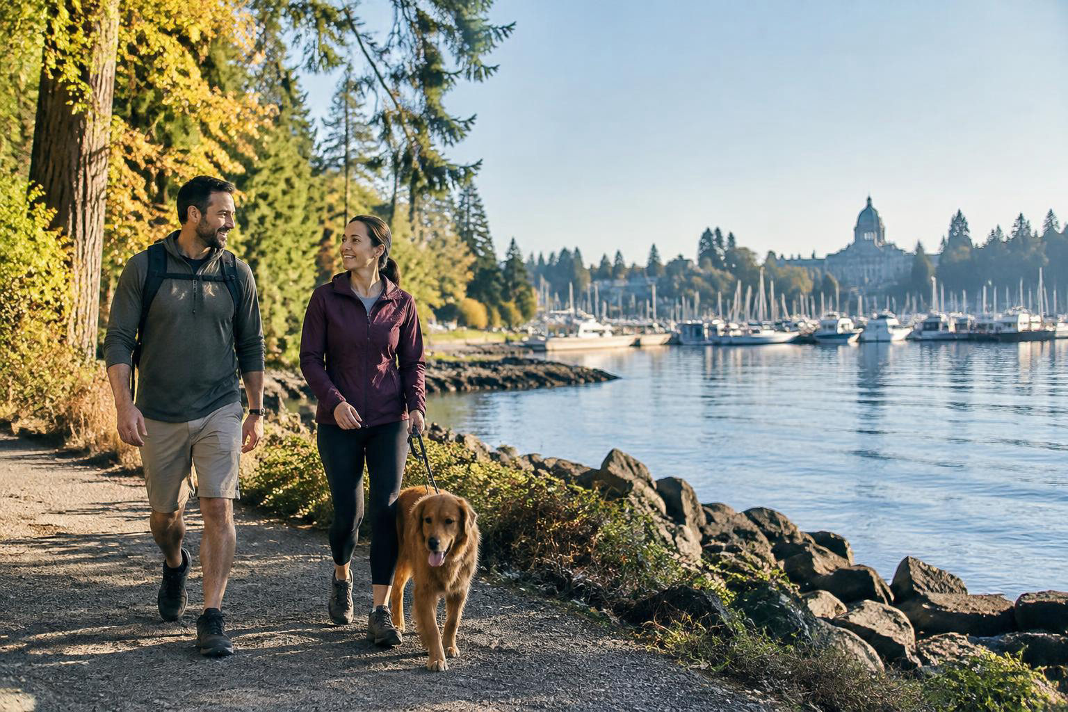 Illustrative people naturally engaged in the article's homeownership or relocation topic accompanying Weekends in Olympia: A Local Guide to Waterfront Walks, Wooded Trails and Easy Outings