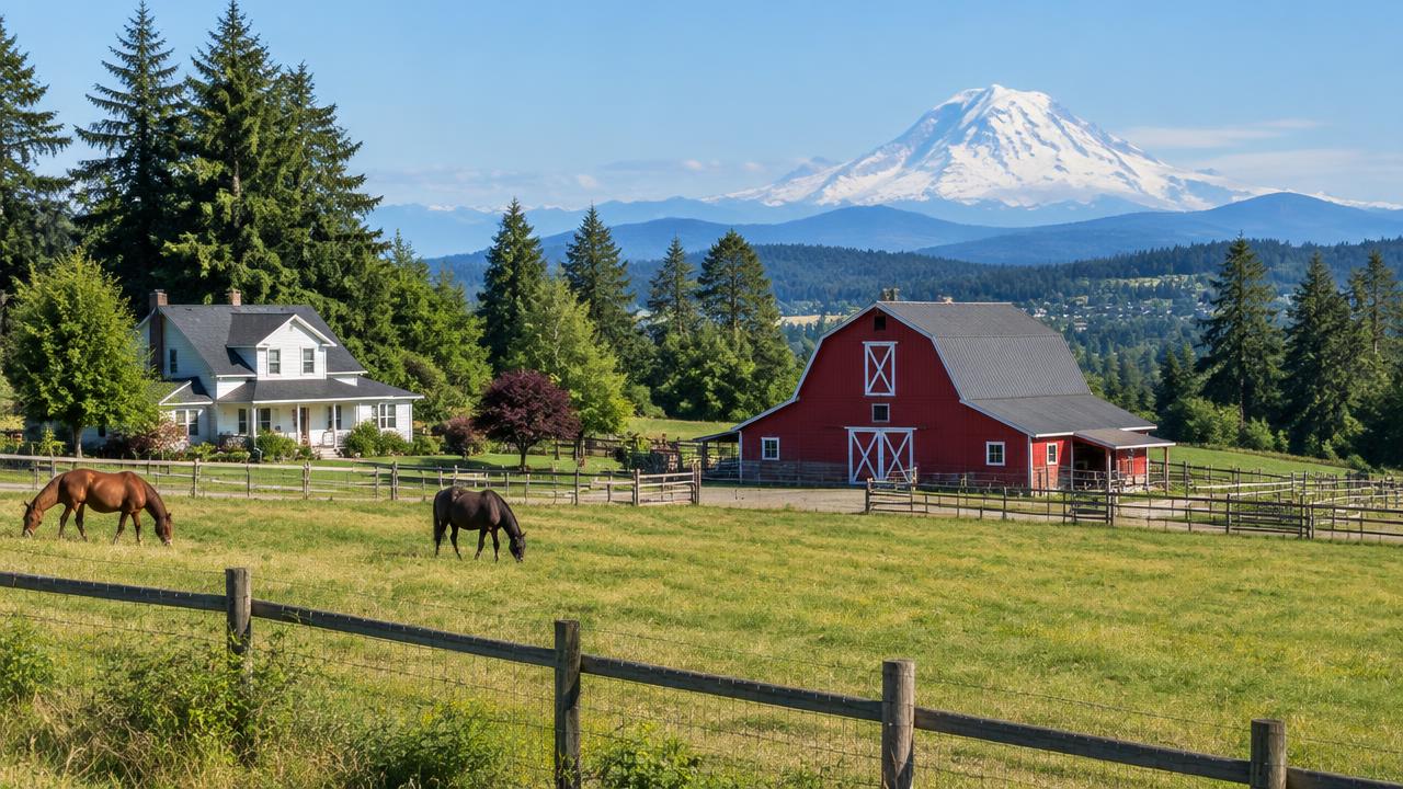Farmhouse, red barn and horses on acreage near Yelm with Mount Rainier behind