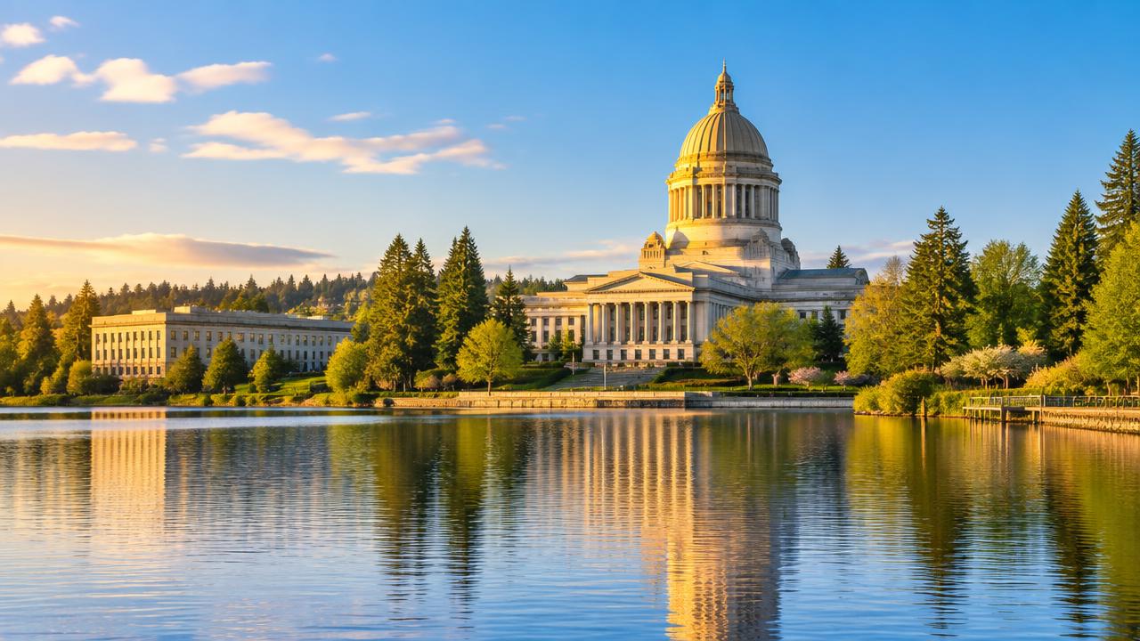 Washington State Capitol dome in Olympia reflected in Capitol Lake at golden hour
