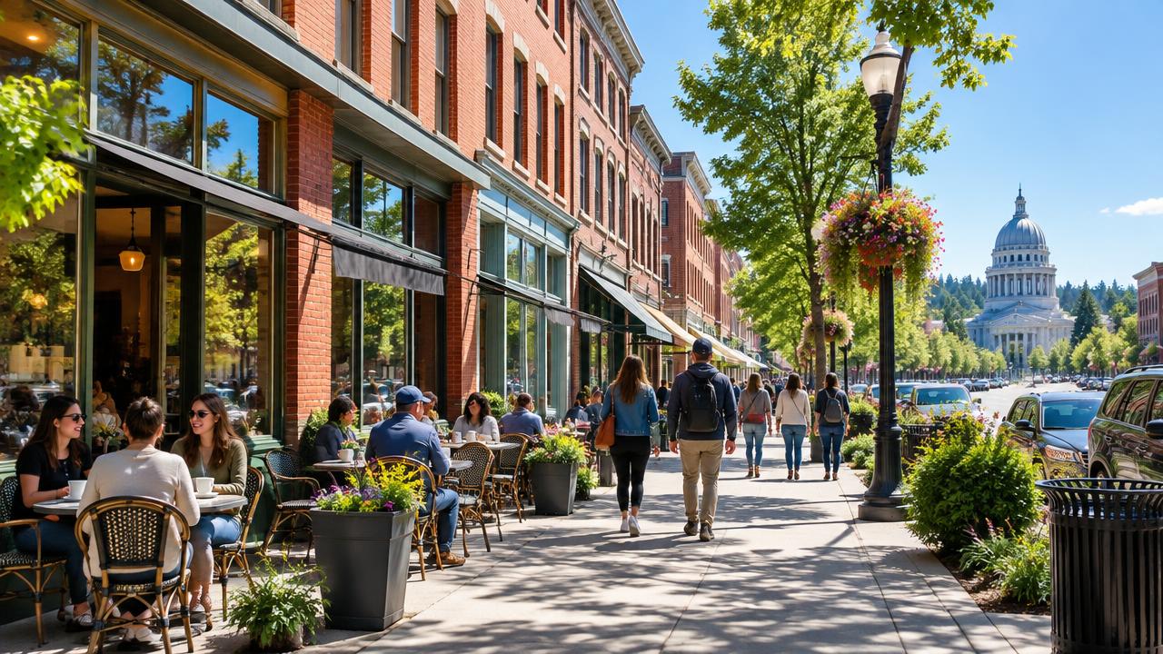 People walking past brick storefronts and cafes in downtown Olympia