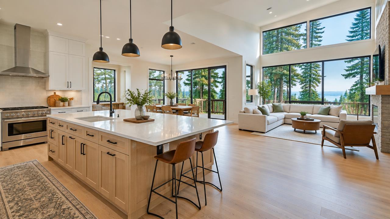 Bright open kitchen and living room with large windows framing evergreen trees
