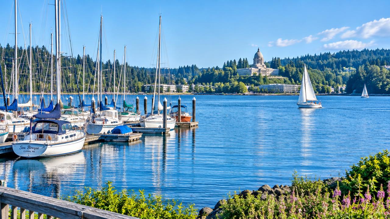 Sailboats in the Olympia marina on Budd Inlet with the Capitol dome beyond