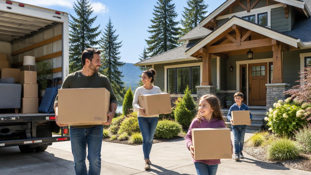 Family carrying moving boxes from a truck into a new Pacific Northwest home