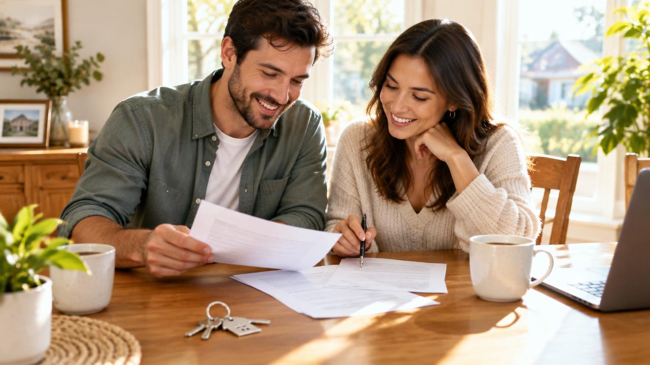 Couple reviewing home purchase paperwork at a sunny table with house keys
