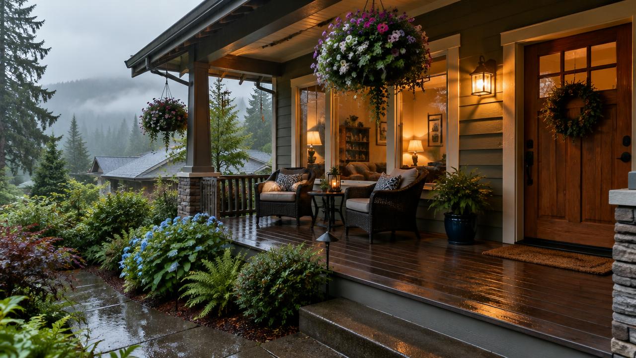 Covered front porch with warm lights on a soft rainy Pacific Northwest evening