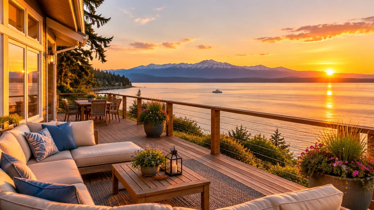 Waterfront home deck overlooking Puget Sound and the Olympic Mountains at sunset